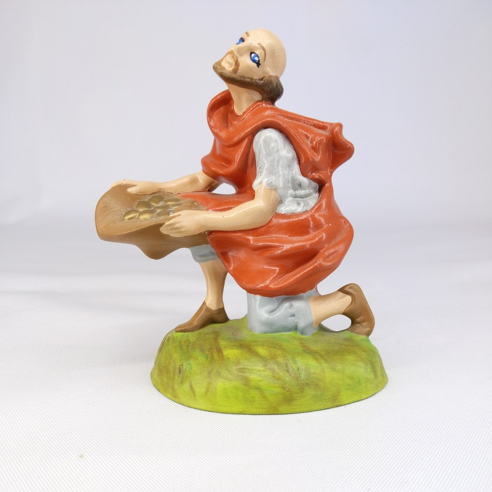 Atlantic Mold Figurine 5.5" Orange Vintage Kneeling Man with Gold Coins Ceramic